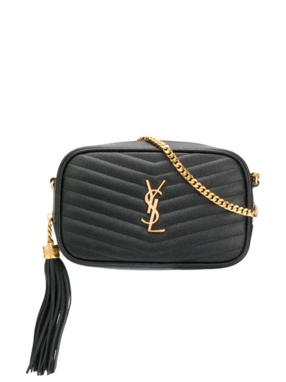 Saint Laurent Black Quilted Camera Crossbody with Gold Hardware and Tassel